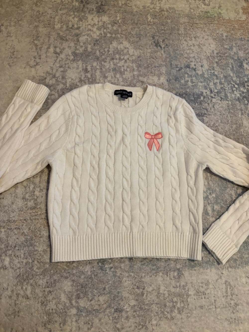 Urban Heritage White Cable-Knit Sweater with Pink Bow Accent size S